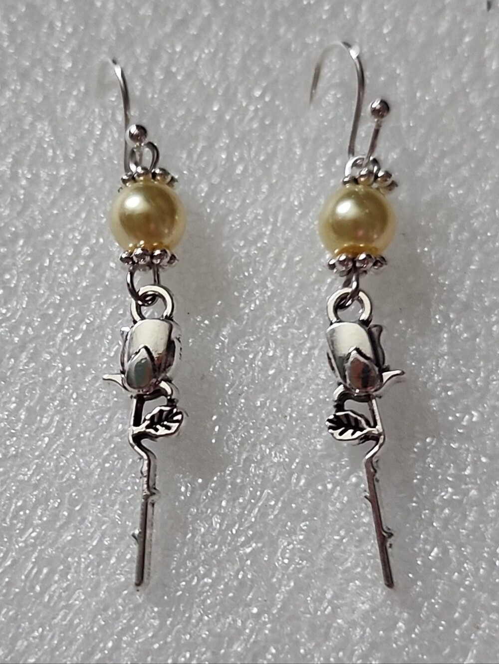 Hand Crafted Silver Rose Drop Earrings with Champagne Pearl